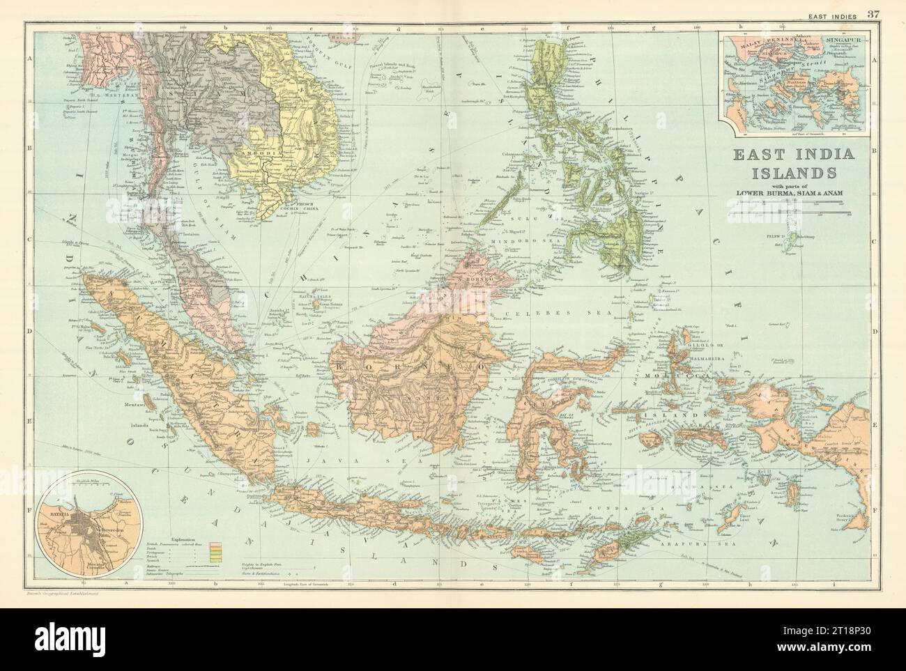 OSTINDIEN. Niederländisch Indonesien Philippinen Malaya Siam. Inset Singapore 1894 Karte Stockfoto