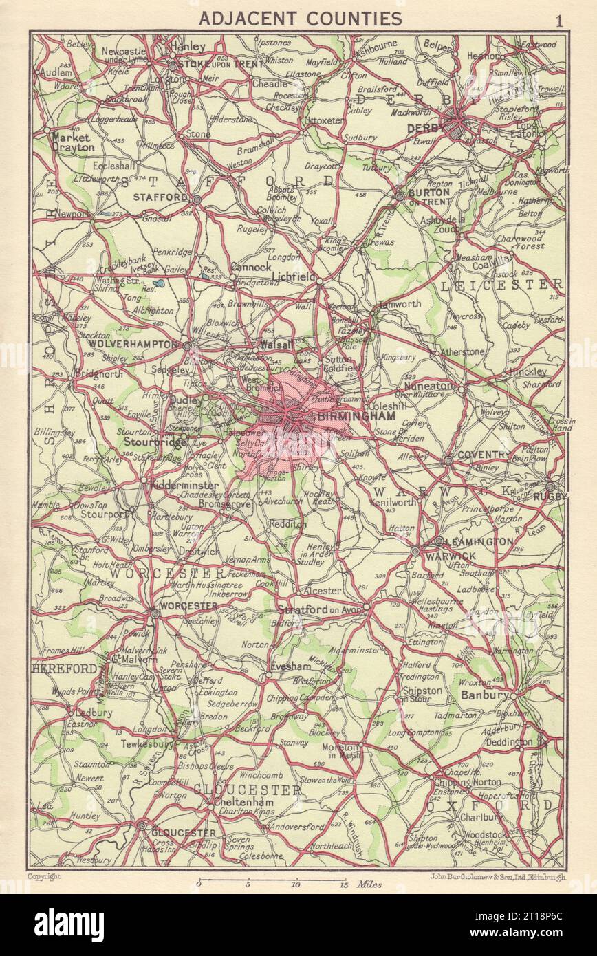 Benachbarte Grafschaften von BIRMINGHAM. West Midlands. Derby Gloucester 1954 alte Karte Stockfoto
