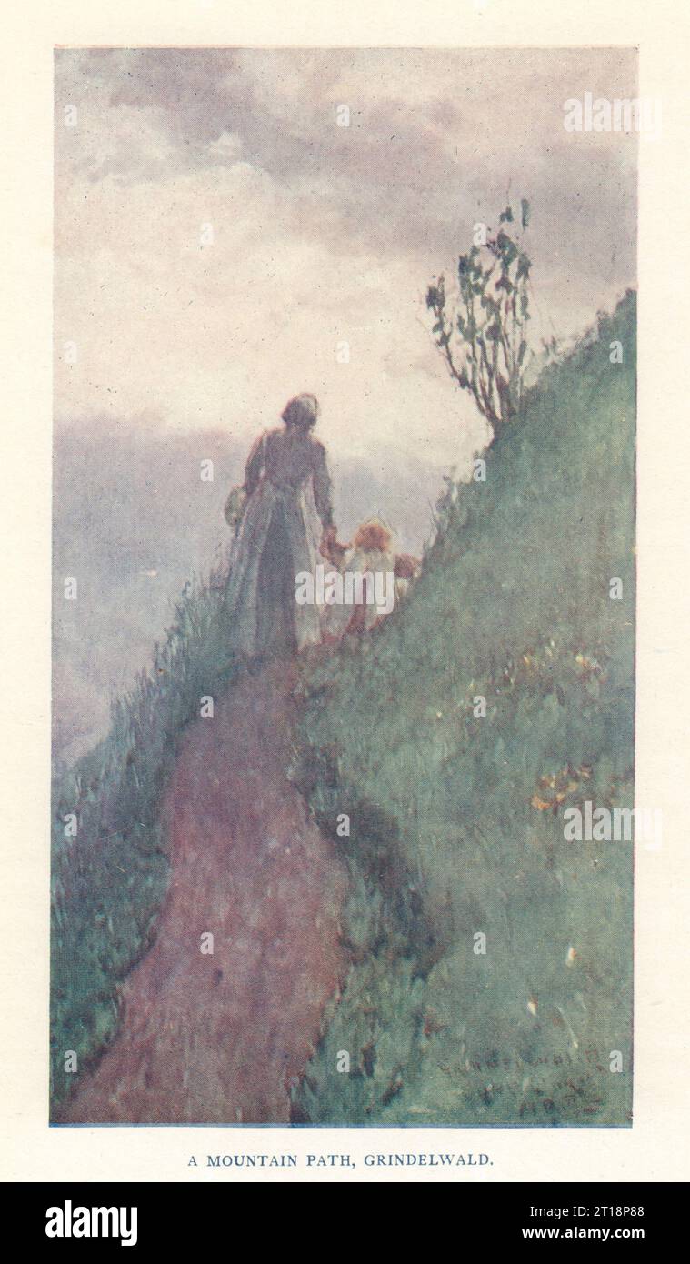 Ein Bergweg, Grindewald, Schweiz 1917 altes antikes Druckbild Stockfoto