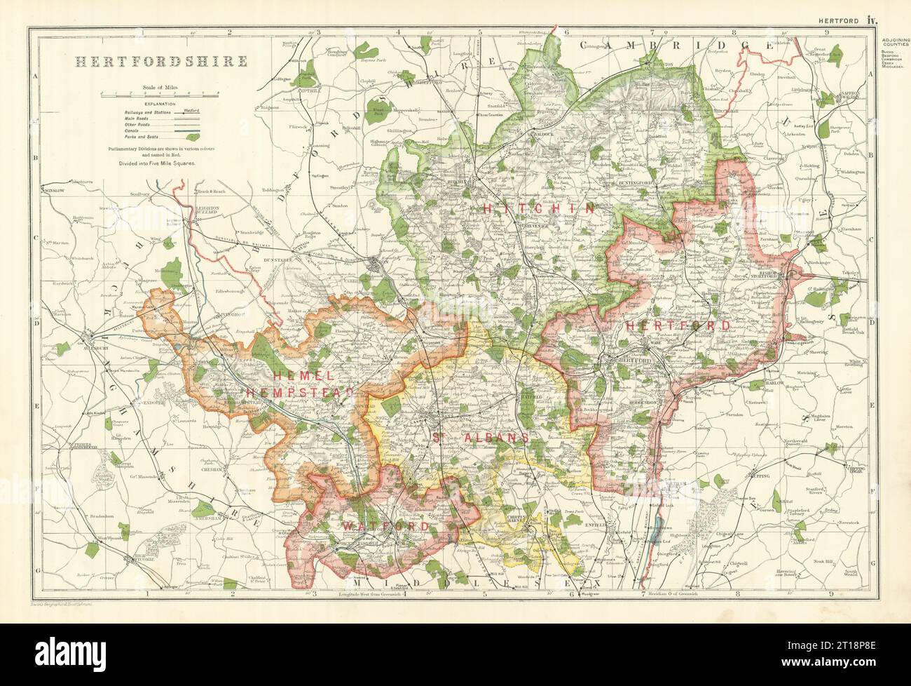 HERTFORDSHIRE. Zeigt parlamentarische Abteilungen, Bezirke und Parks. SPECK 1919 MAP Stockfoto