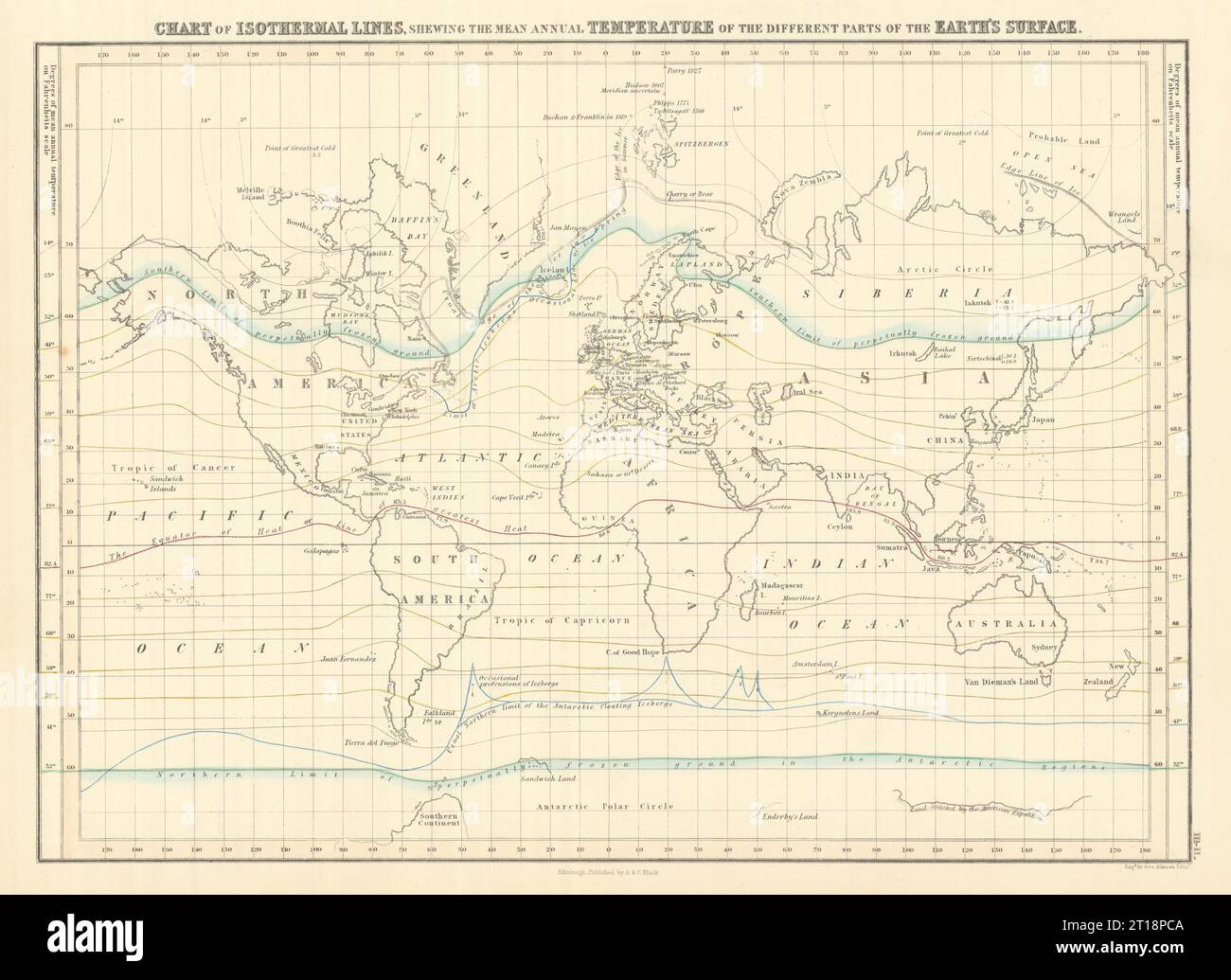 Weltdiagramm der isothermen Linien. Mittlere Jahrestemperatur. GEORGE AIKMAN 1854 Karte Stockfoto