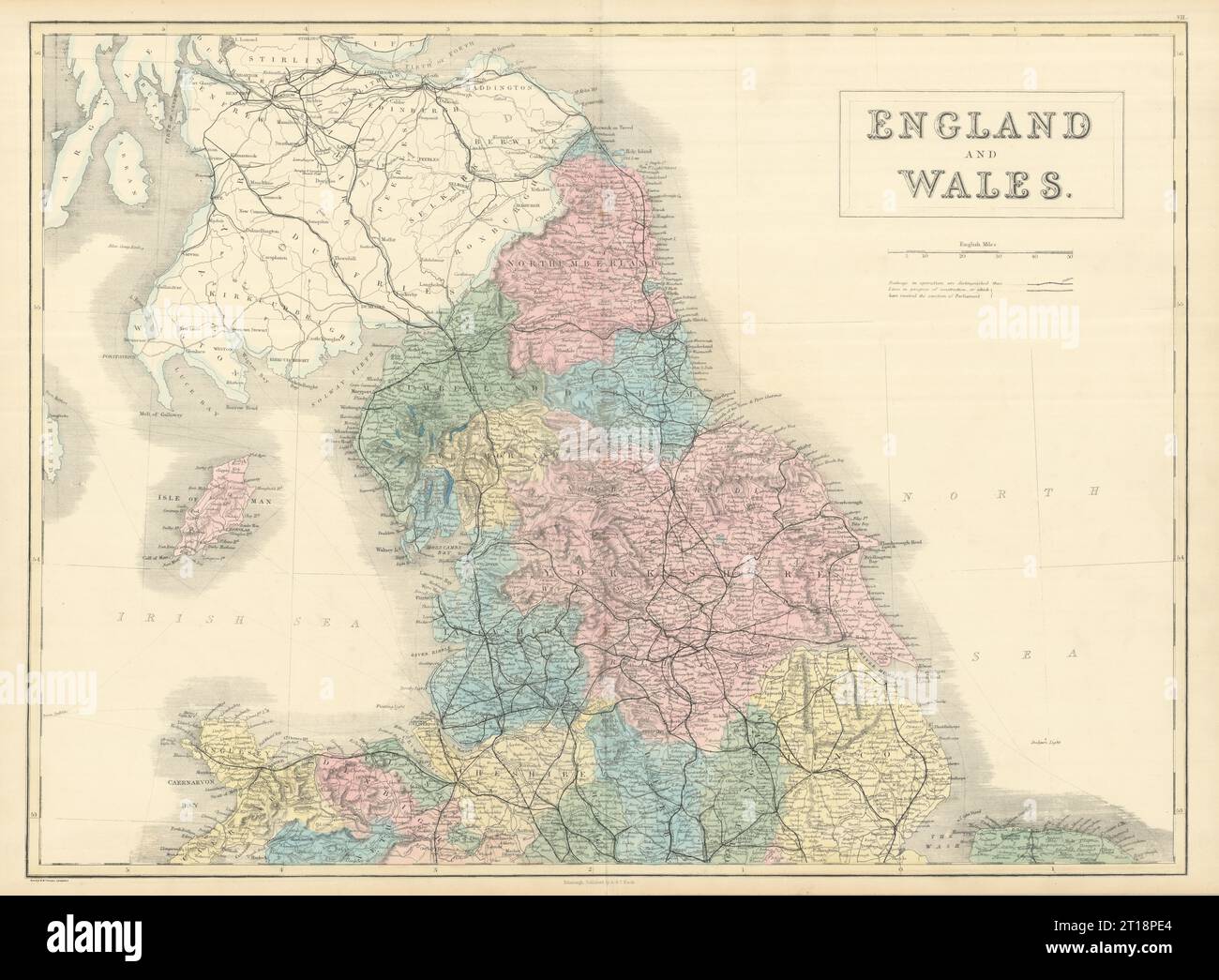 England und Wales. Nordblech. Eisenbahnen. SIDNEY HALL 1854 alte antike Karte Stockfoto