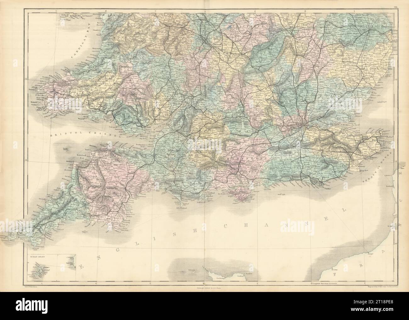 England und Wales. Südblatt. Eisenbahnen. SIDNEY HALL 1854 alte antike Karte Stockfoto