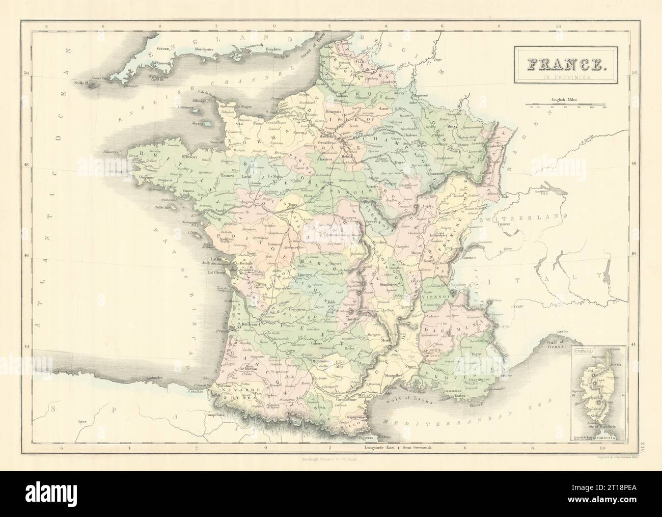 Frankreich in Provinzen mit Eisenbahnen. JOHN BARTHOLOMEW 1854 alte antike Karte Stockfoto