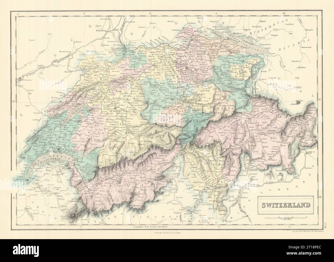 Schweiz mit Kantonen, Flüssen und Straßen. SIDNEY HALL 1854 alte antike Karte Stockfoto