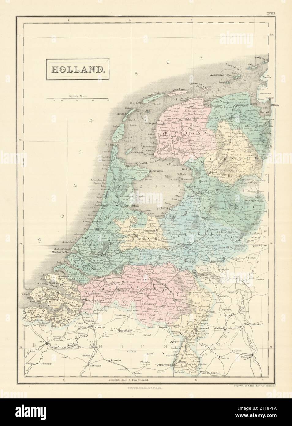 „Holland“. Niederlande. Eisenbahnen. SIDNEY HALL 1854 alte, antike Karte Stockfoto