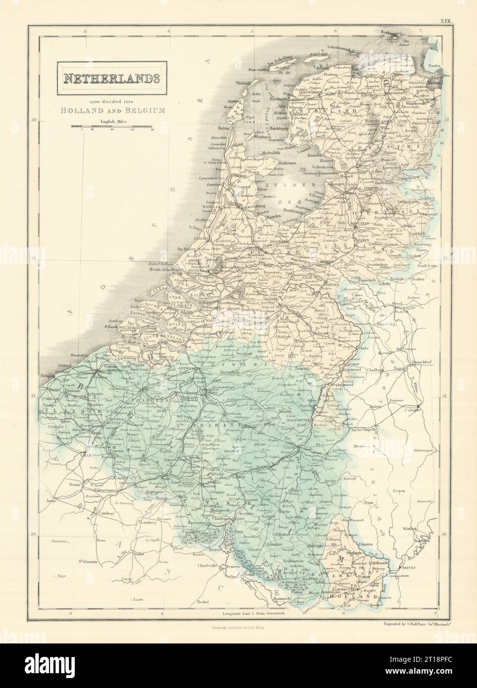 "Niederlande, jetzt aufgeteilt in Holland und Belgien". Benelux. SIDNEY HALL 1854 Karte Stockfoto