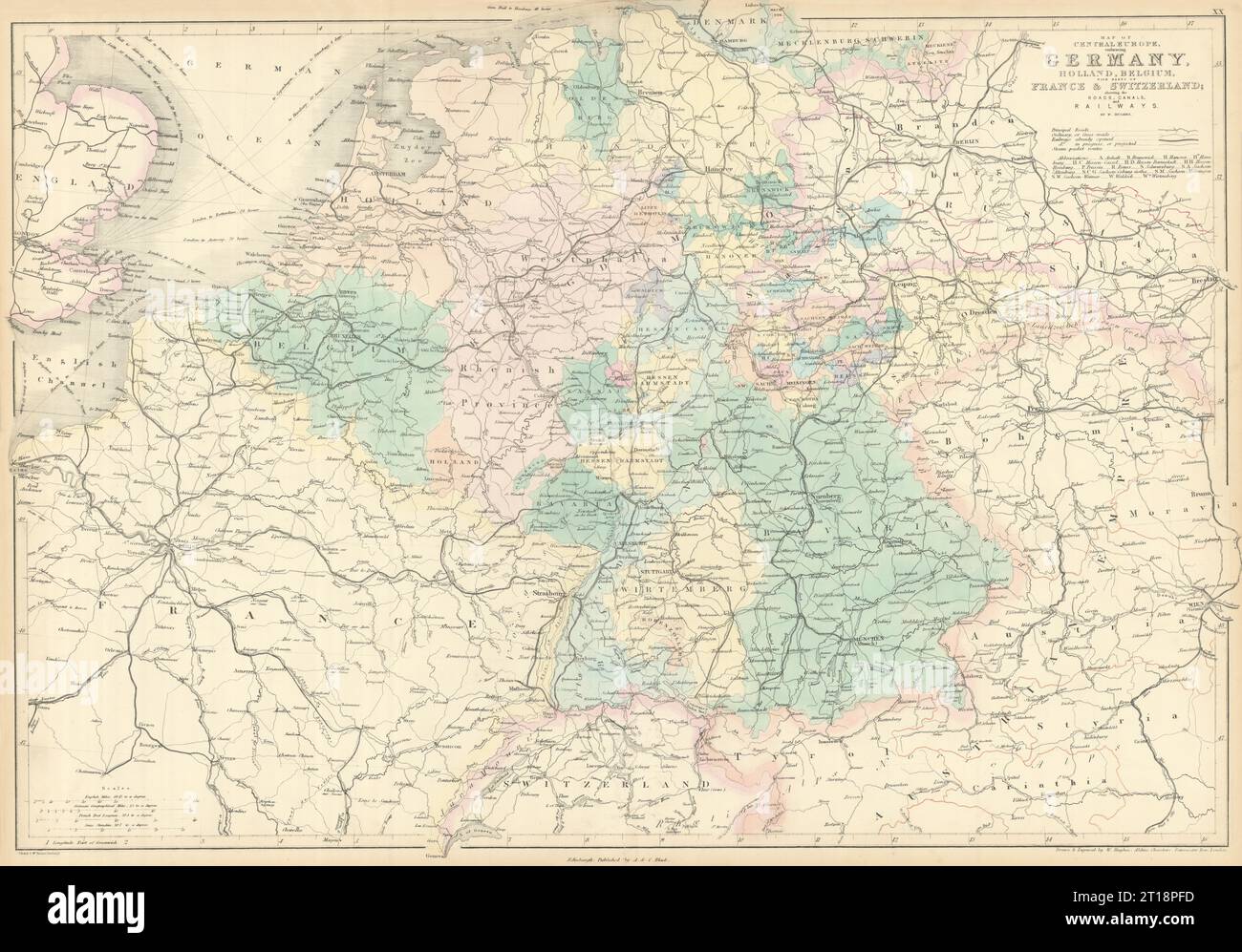 Mitteleuropa Straßen Kanäle Eisenbahnstrecken Deutschland, Holland und Belgien. HUGHES 1854 Karte Stockfoto