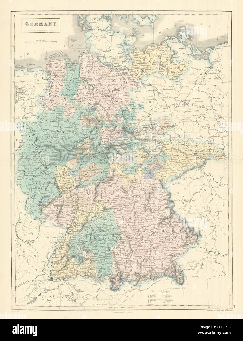 Deutschland zeigt bundesstaaten, von SIDNEY HALL 1854 alte alte alte Vintage Karte Plan Diagramm Stockfoto