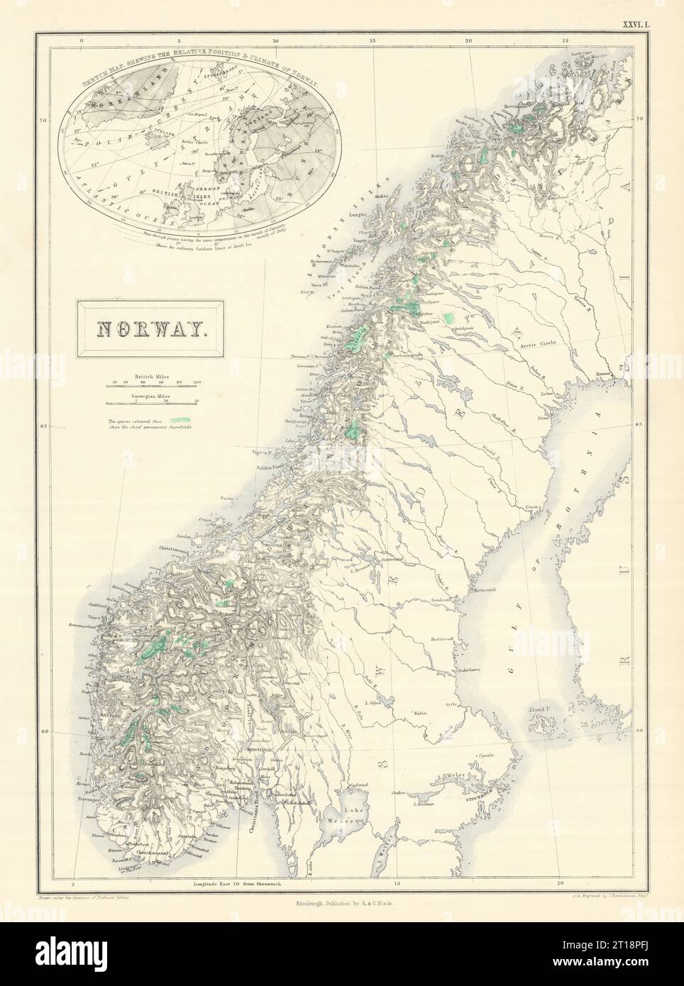 Norwegen zeigt „Dauerschneefelder“ (Gletscher) in Grün. BARTHOLOMEW 1854 Karte Stockfoto