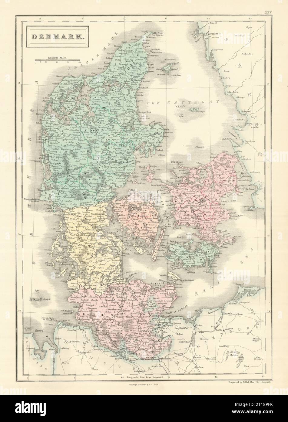 Dänemark, einschließlich Schleswig/Sleswick & Holstein. SIDNEY HALL 1854 alte Karte Stockfoto