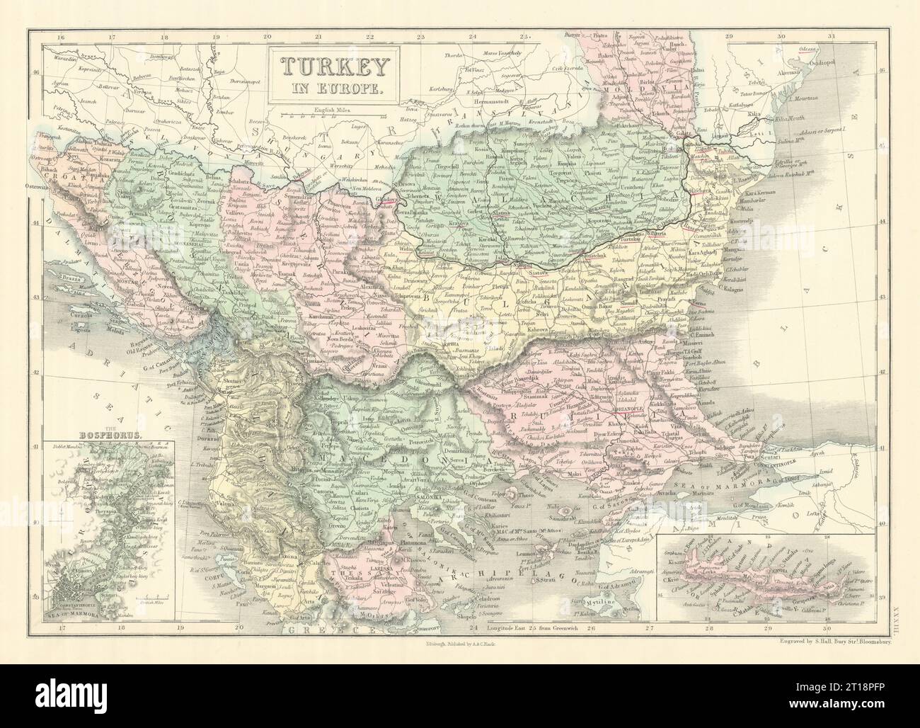 Türkei in Europa. Setzen Sie Den Bosporus Ein. Balkan. SIDNEY HALL 1854 alte Karte Stockfoto