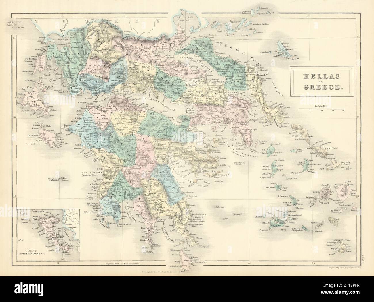 Hellas oder Griechenland. Ionisches Meer, Kykladen und Ägäische Inseln. SIDNEY HALL 1854 alte Karte Stockfoto