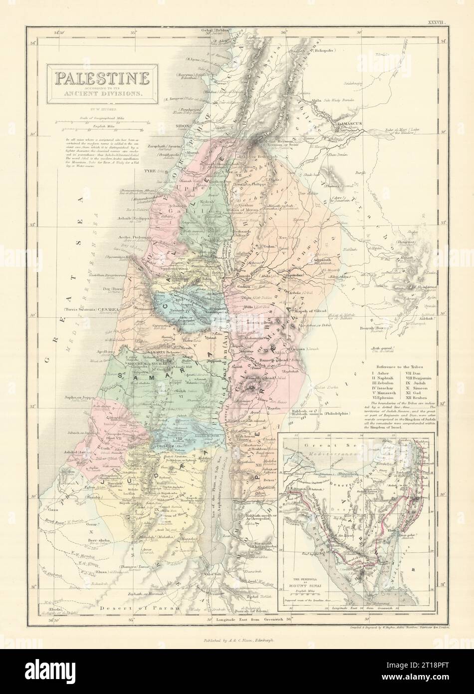 Palästina mit seinen alten Divisionen. Inset Sinai Halbinsel. HUGHES 1854 Karte Stockfoto