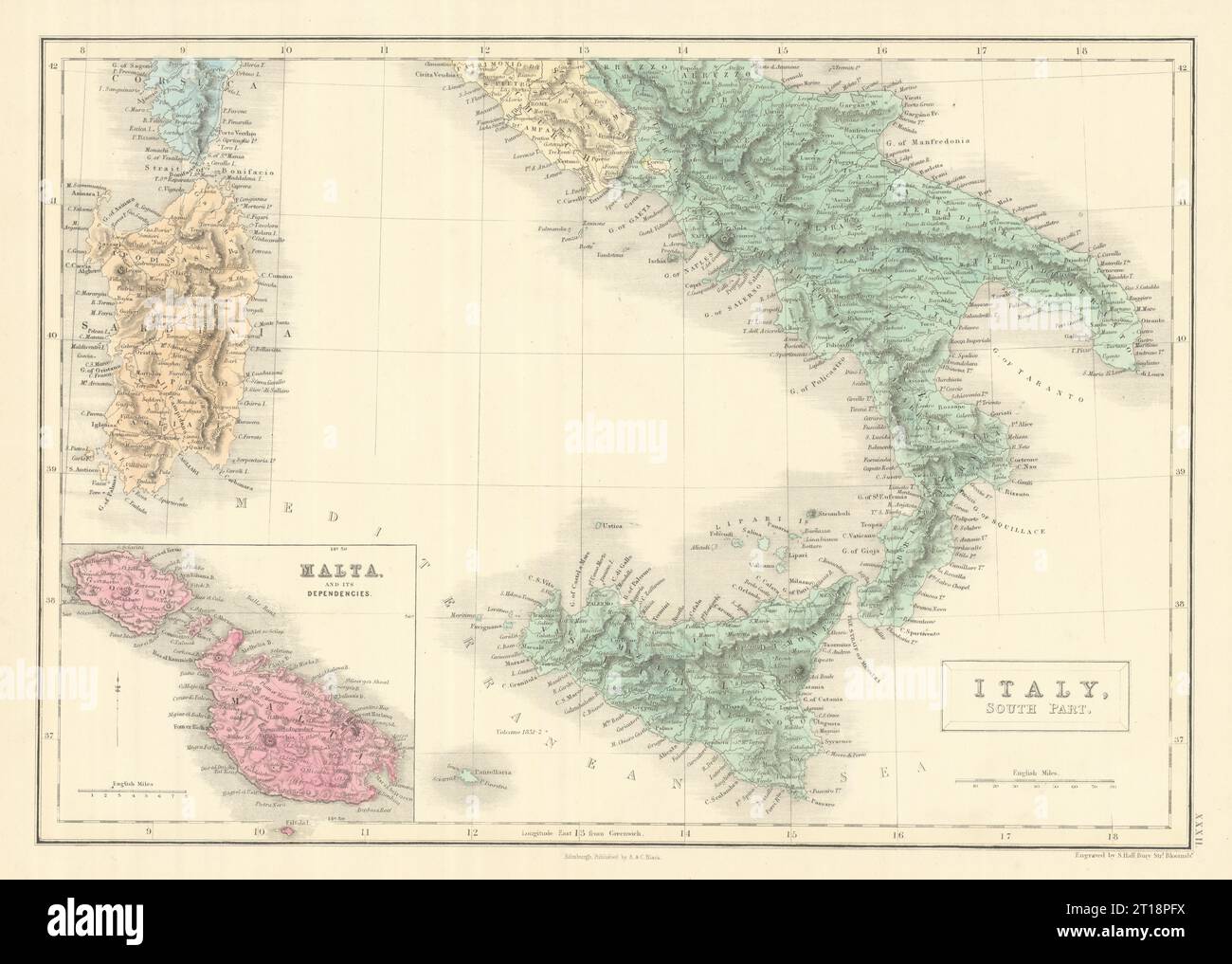 Italien, Südteil. Inset Malta. Sardinien Sizilien. SIDNEY HALL 1854 alte Karte Stockfoto