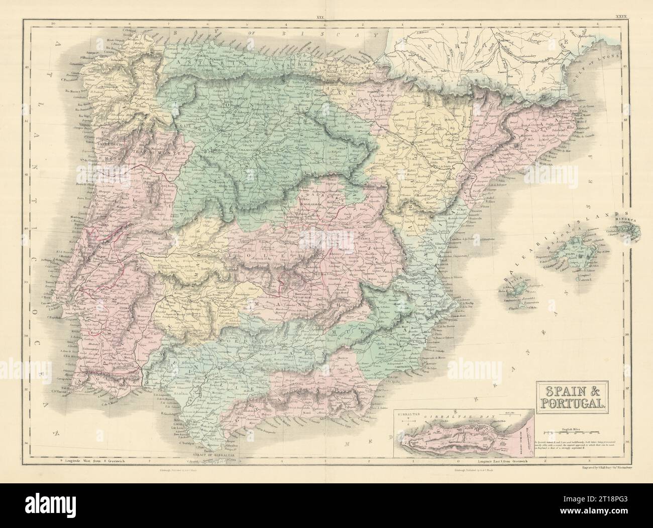 Spanien Und Portugal. Einlage Gibraltar. Iberien. SIDNEY HALL 1854 alte antike Karte Stockfoto