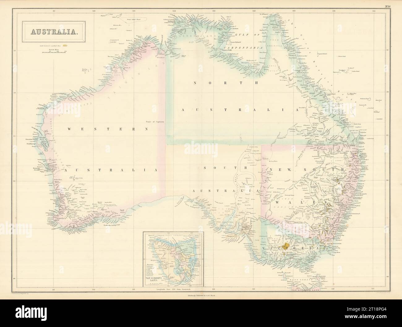 Gold Rush Australien zeigt Goldbezirke in Gelb. SIDNEY HALL 1854 Karte Stockfoto