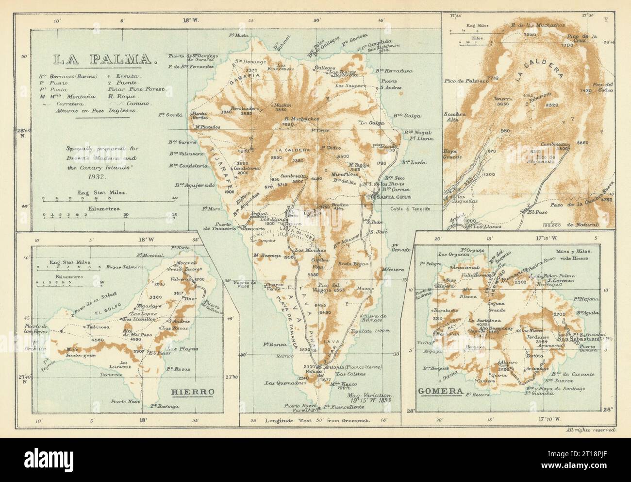 Kanarische Inseln. La Palma, mit Krater. Hierro. Gomera. SAMLER BROWN 1932 MAP Stockfoto