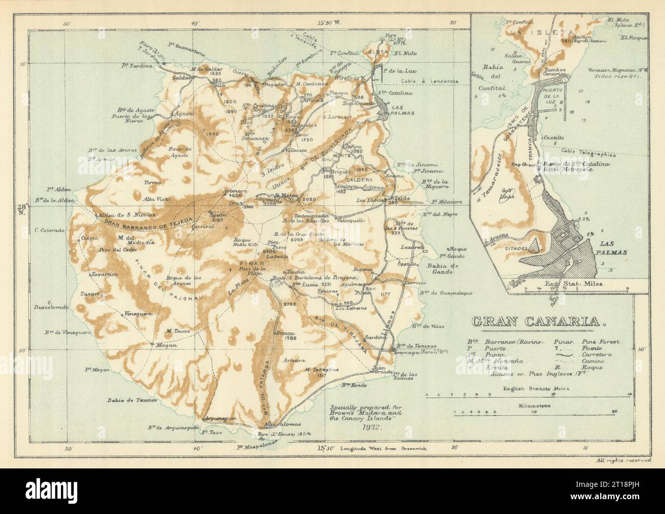 Gran Canaria Und Las Palmas, Kanarische Inseln. SAMLER BRAUN 1932 alte Vintage-Karte Stockfoto