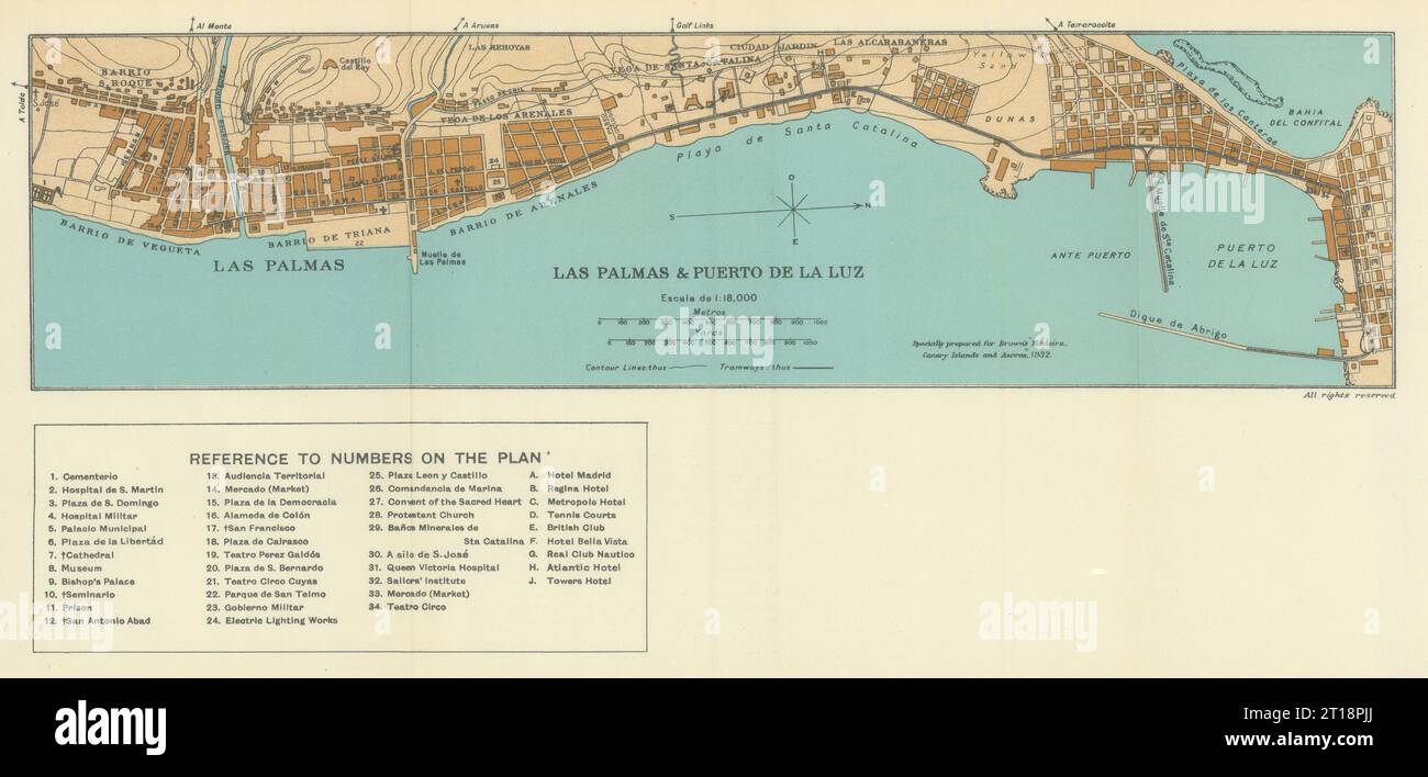 Las Palmas Stadtplan, Gran Canaria, Kanarische Inseln. SAMLER BROWN 1932 alte Karte Stockfoto