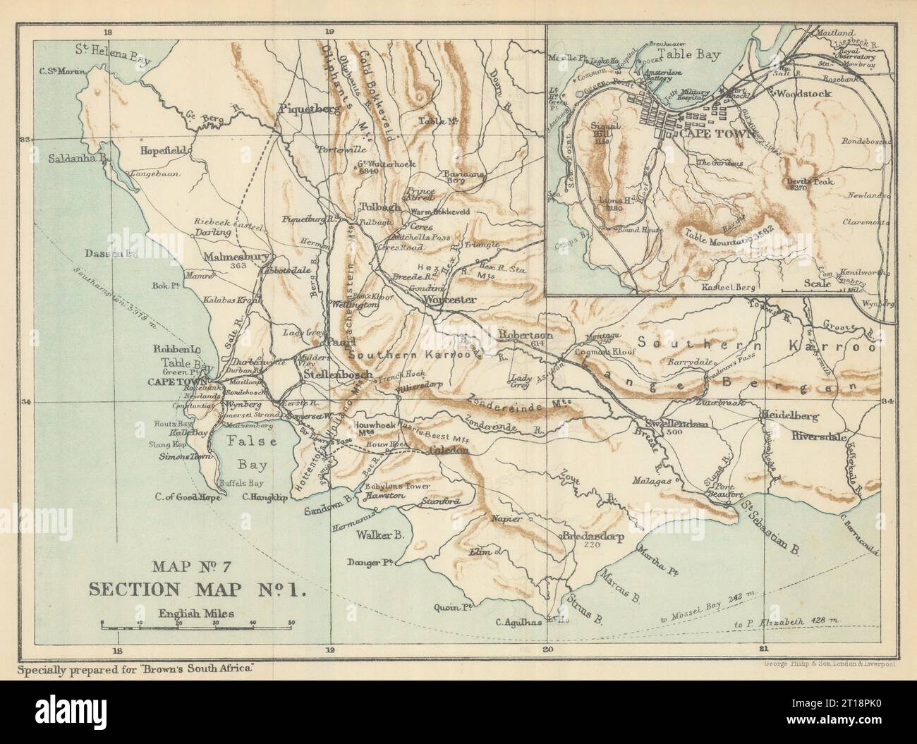 Südafrika - Kap Colony Western Provinces. Umgebung von Kapstadt. BRAUNES 1899 MAP Stockfoto