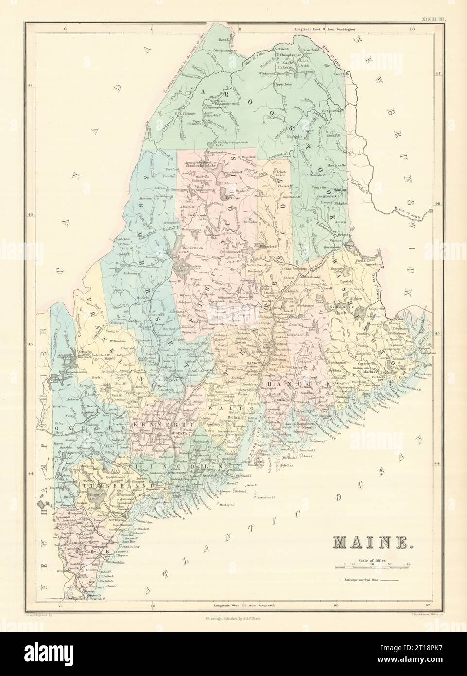 Maine State Map mit Countys. JOHN BARTHOLOMEW 1854 alte antike Karte Stockfoto