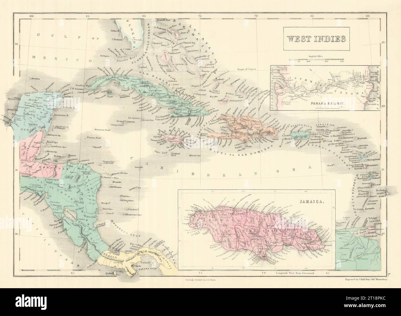 Westindien. Inset Panama Railway & Jamaika. Karibik. SIDNEY HALL 1854 Karte Stockfoto