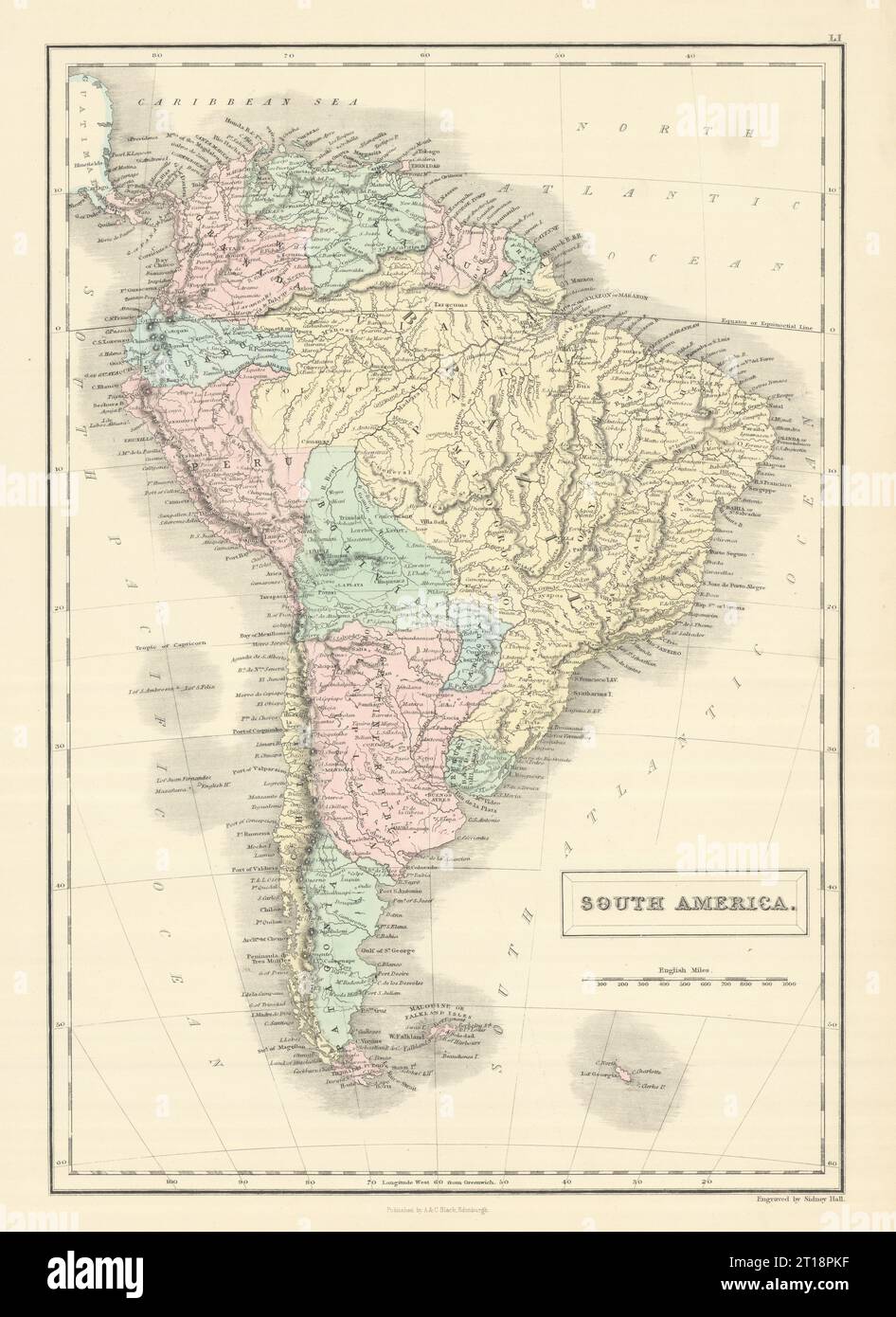 Südamerika. Bolivien mit Litoral. New Granada. Banda Oriental. Karte HALLE 1854 Stockfoto