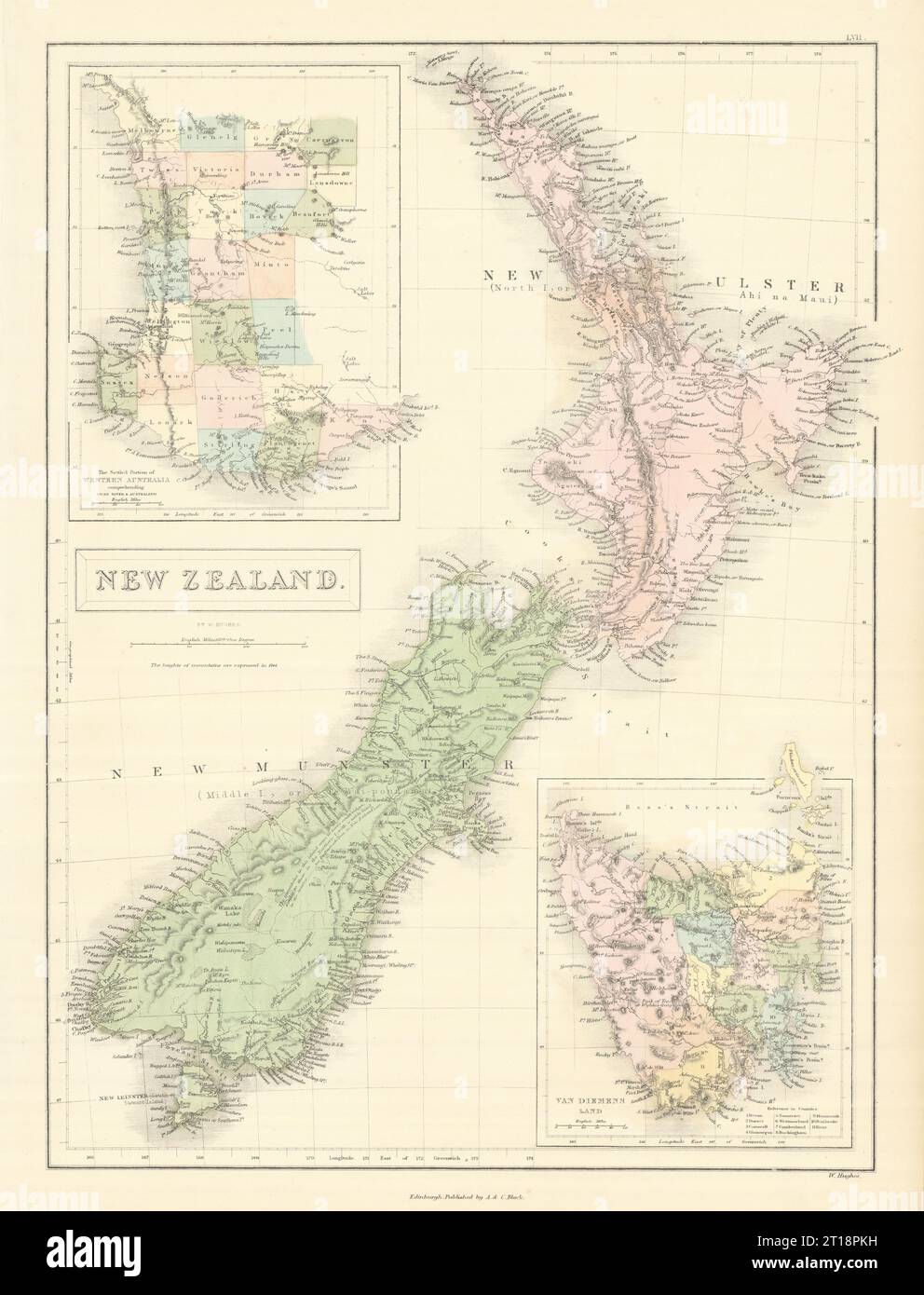 Neuseeland „New Ulster“ und „New Munster“ (Nord- und Süd-I). HUGHES 1854 Karte Stockfoto