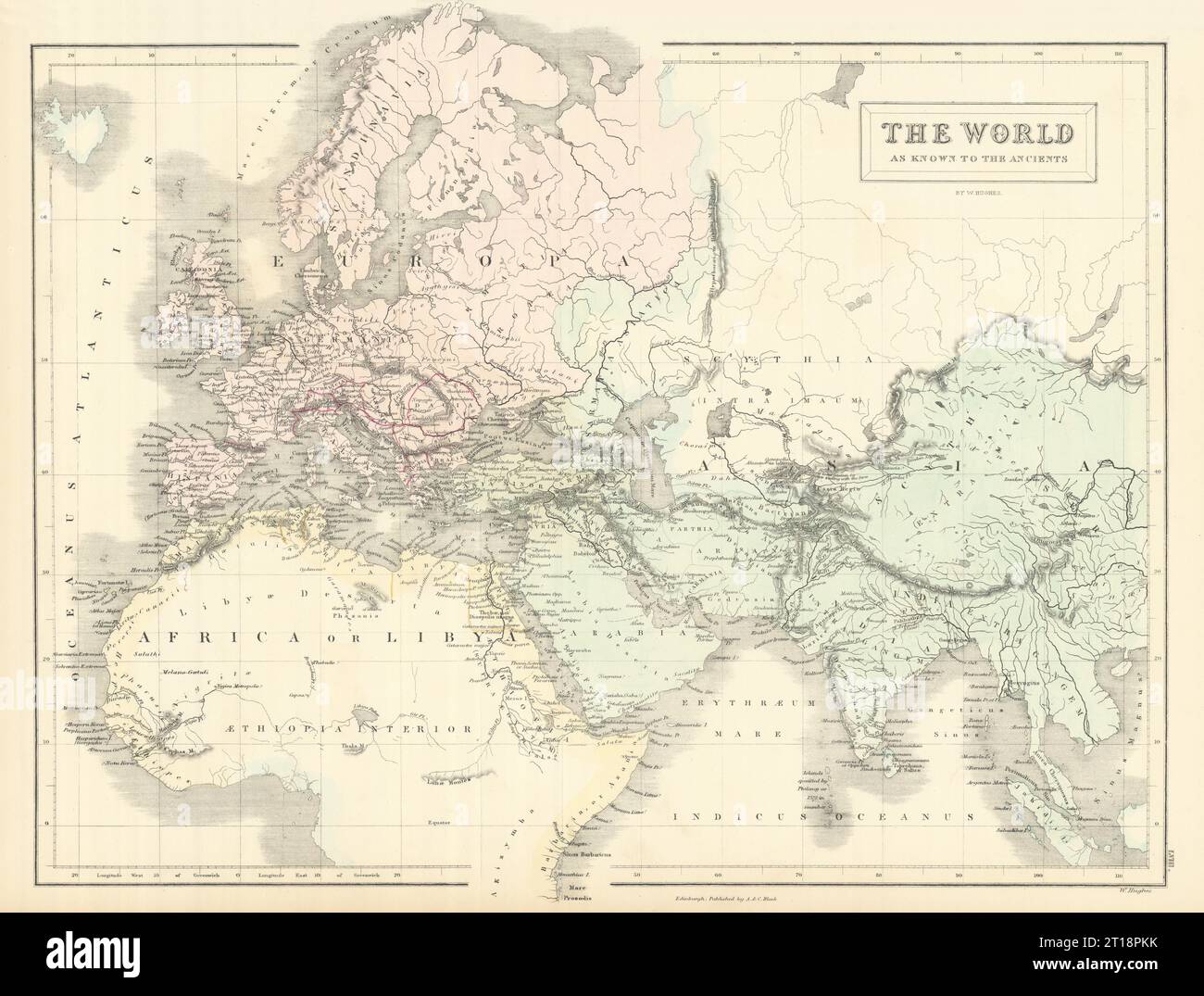 Die Welt, wie sie den Antiken bekannt ist, von WILLIAM HUGHES 1854 alte antike Karte Stockfoto