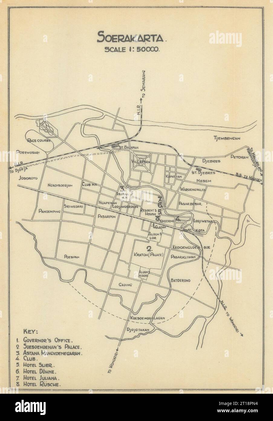 Soerakarta. Surakarta Stadtplan, Java, Indonesien. VAN STOCKUM 1930 alte Karte Stockfoto