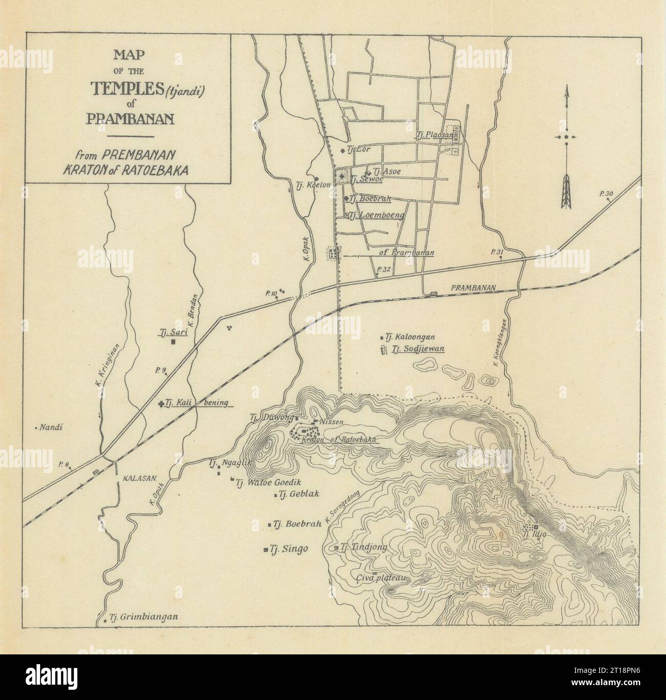 Karte der Tempel (Tjandi) von Prambanan, Java, Indonesien. VAN STOCKUM 1930 Stockfoto