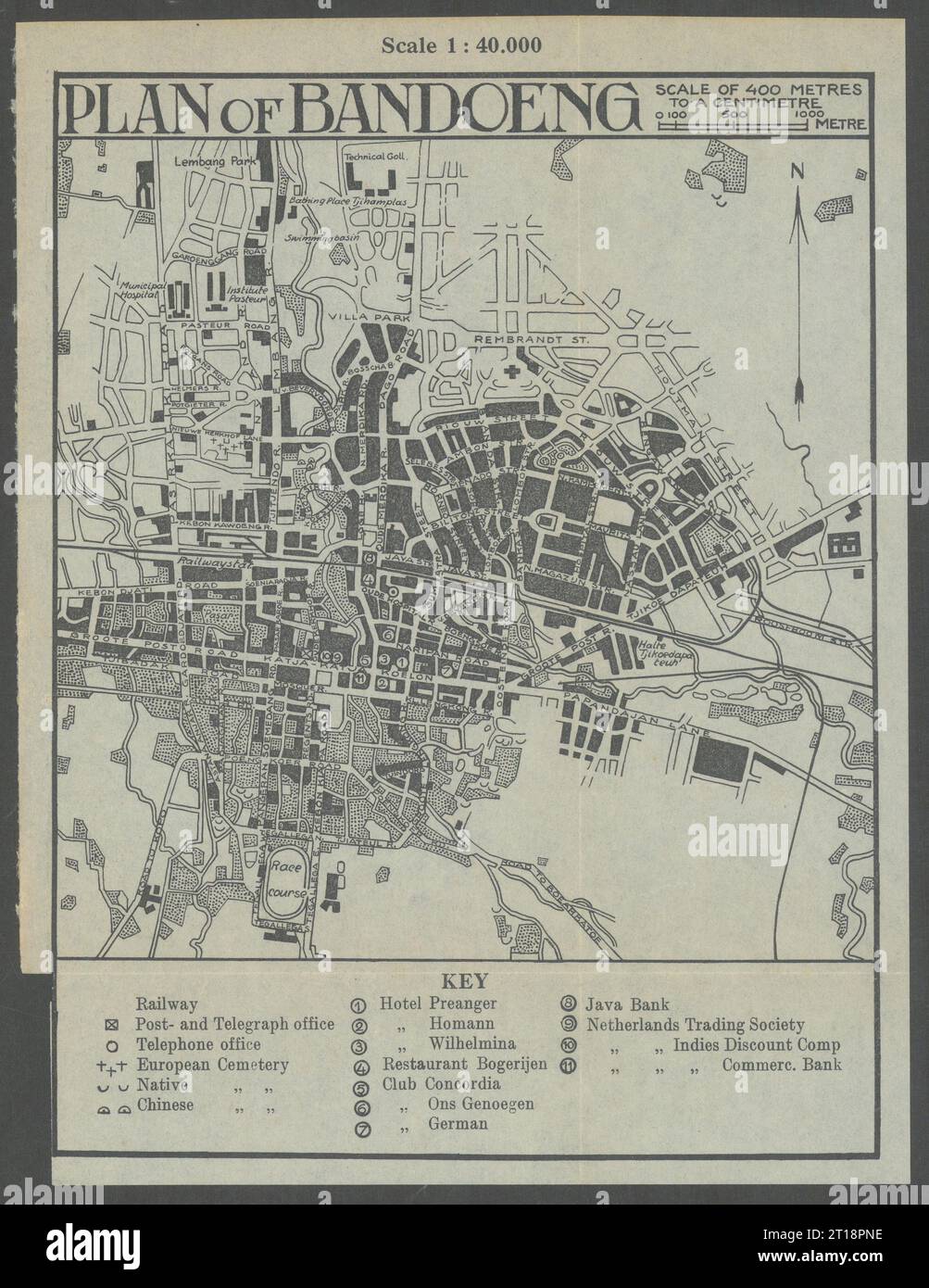 Plan von Bandoeng. Bandung Stadtplan, Java, Indonesien. VAN STOCKUM 1930 alte Karte Stockfoto