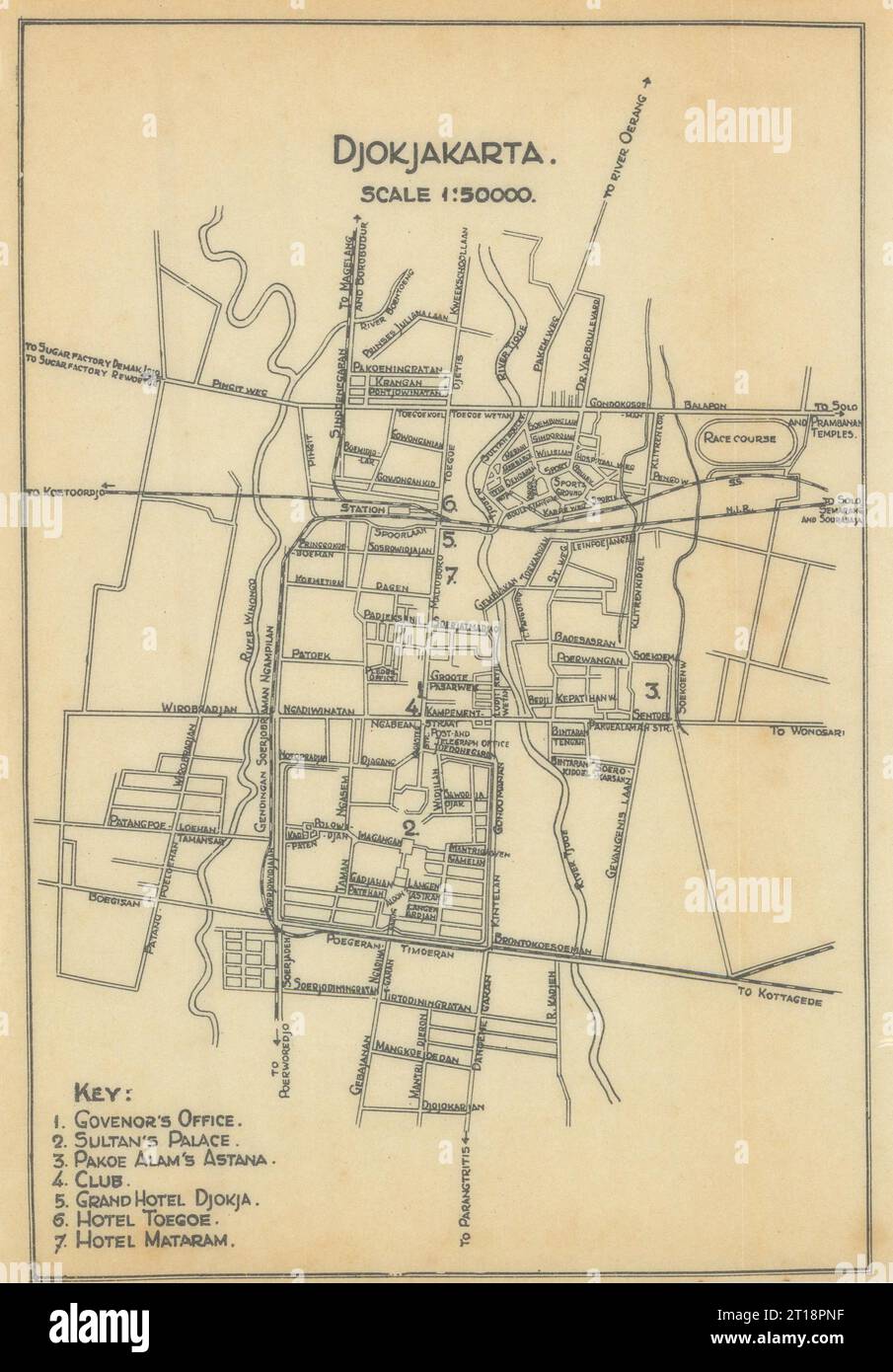 Djokjakarta. Stadtplan Yogyakarta, Java, Indonesien. VAN STOCKUM 1930 alte Karte Stockfoto