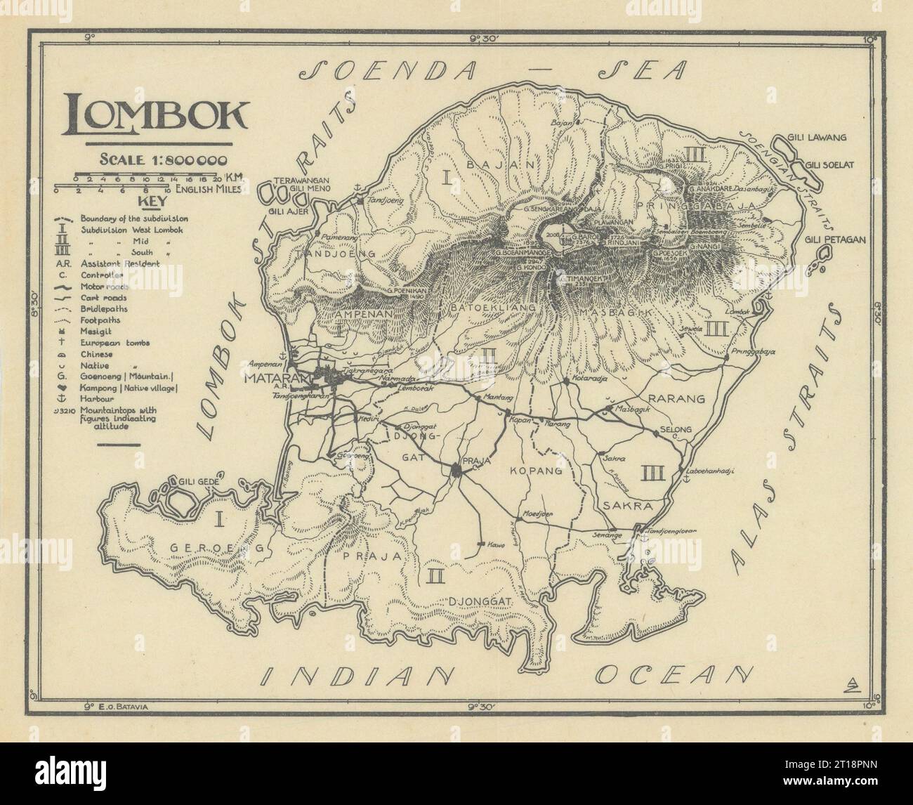 Die Insel Lombok. Niederländisch-Ostindien. Indonesien. VAN STOCKUM 1930 alte Karte Stockfoto