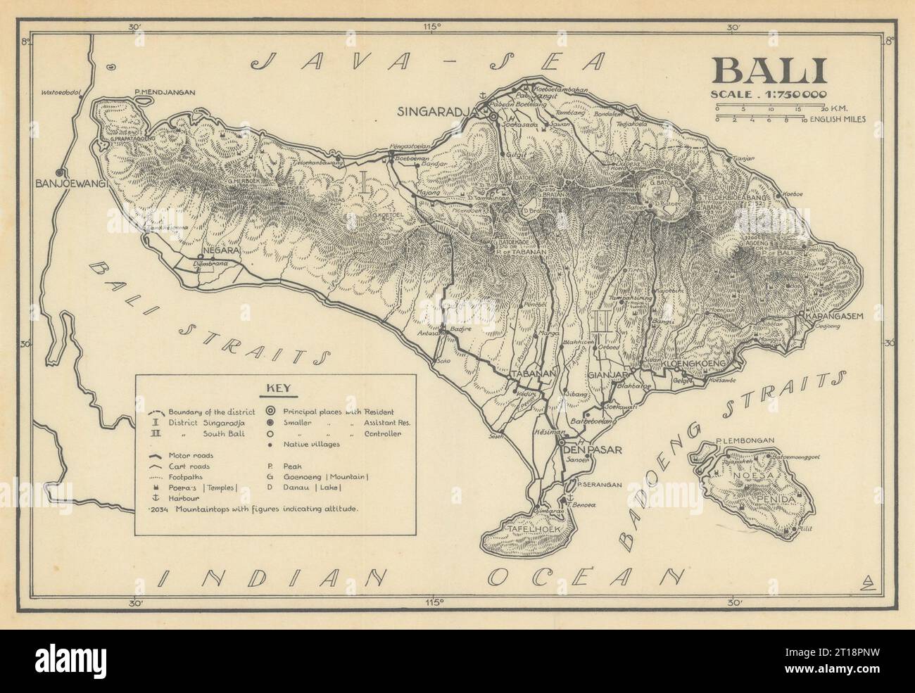 Die Insel Bali. Niederländisch-Ostindien. Indonesien. VAN STOCKUM 1930 alte Karte Stockfoto
