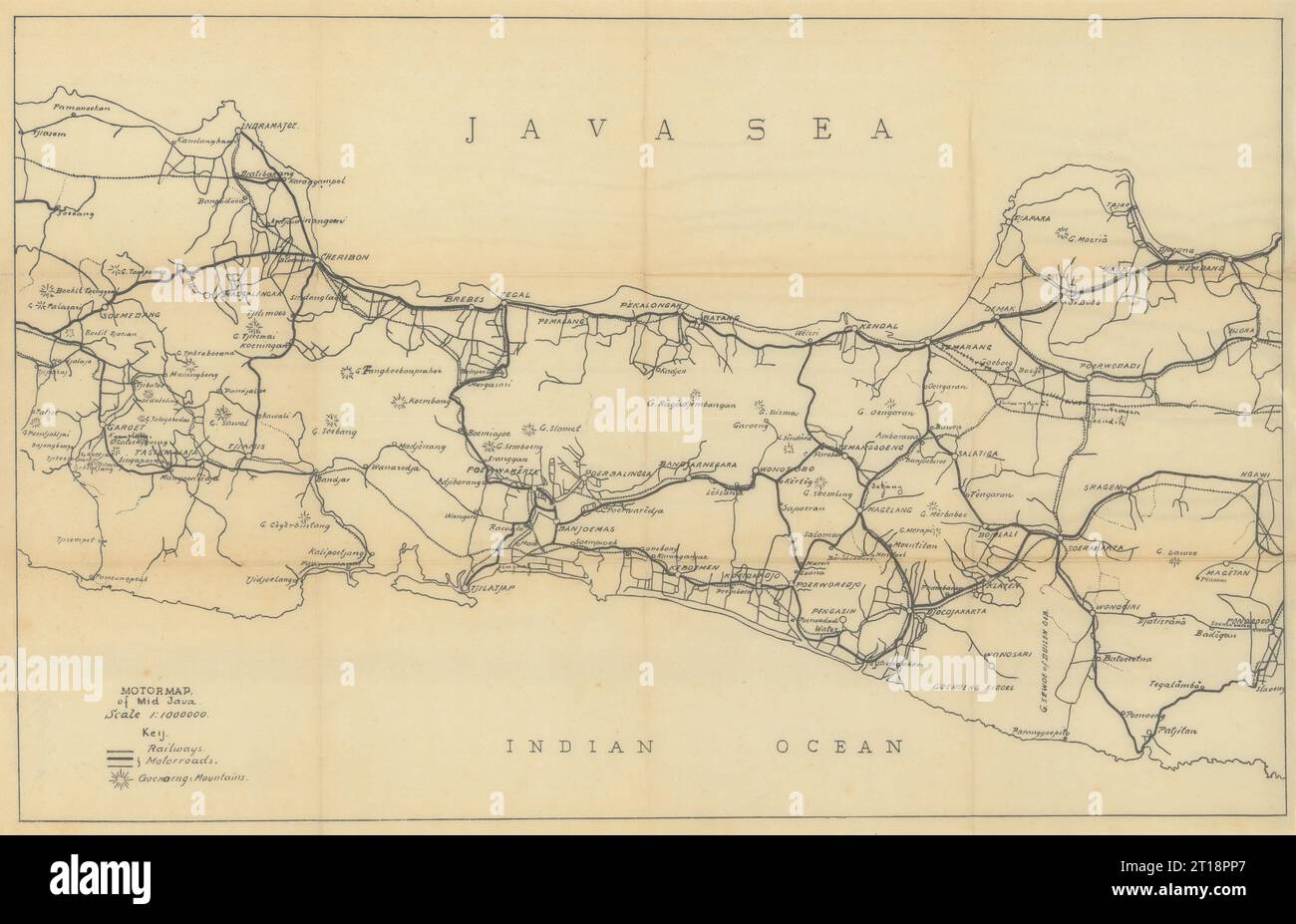 Autokarte von Mid Java, Indonesien. VAN STOCKUM 1930 alte Vintage-Karte Stockfoto