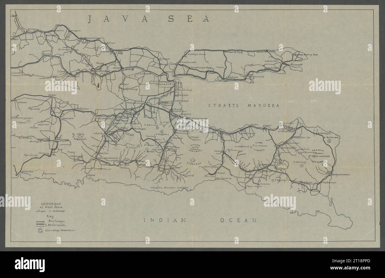 Autokarte von Ost-Java, Indonesien. VAN STOCKUM 1930 alte Vintage-Karte Stockfoto