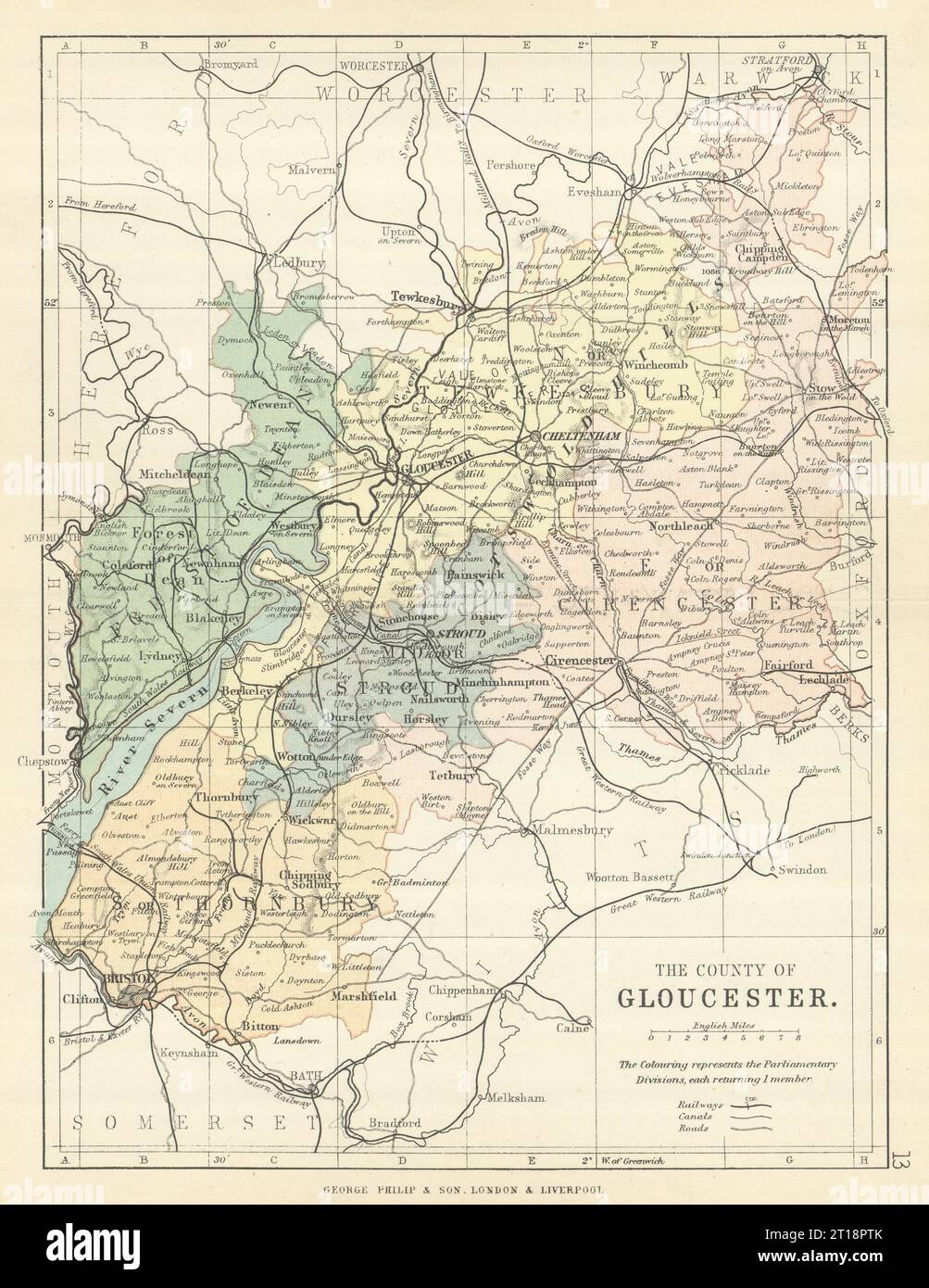 GLOUCESTERSHIRE. Landkarte. Eisenbahnkanäle. Wahlkreise. PHILIP 1889 Stockfoto