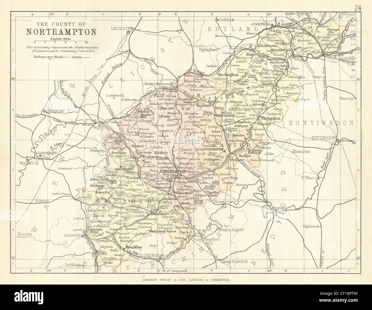 NORTHAMPTONSHIRE. Landkarte. Eisenbahnkanäle. Wahlkreise. PHILIP 1889 Stockfoto