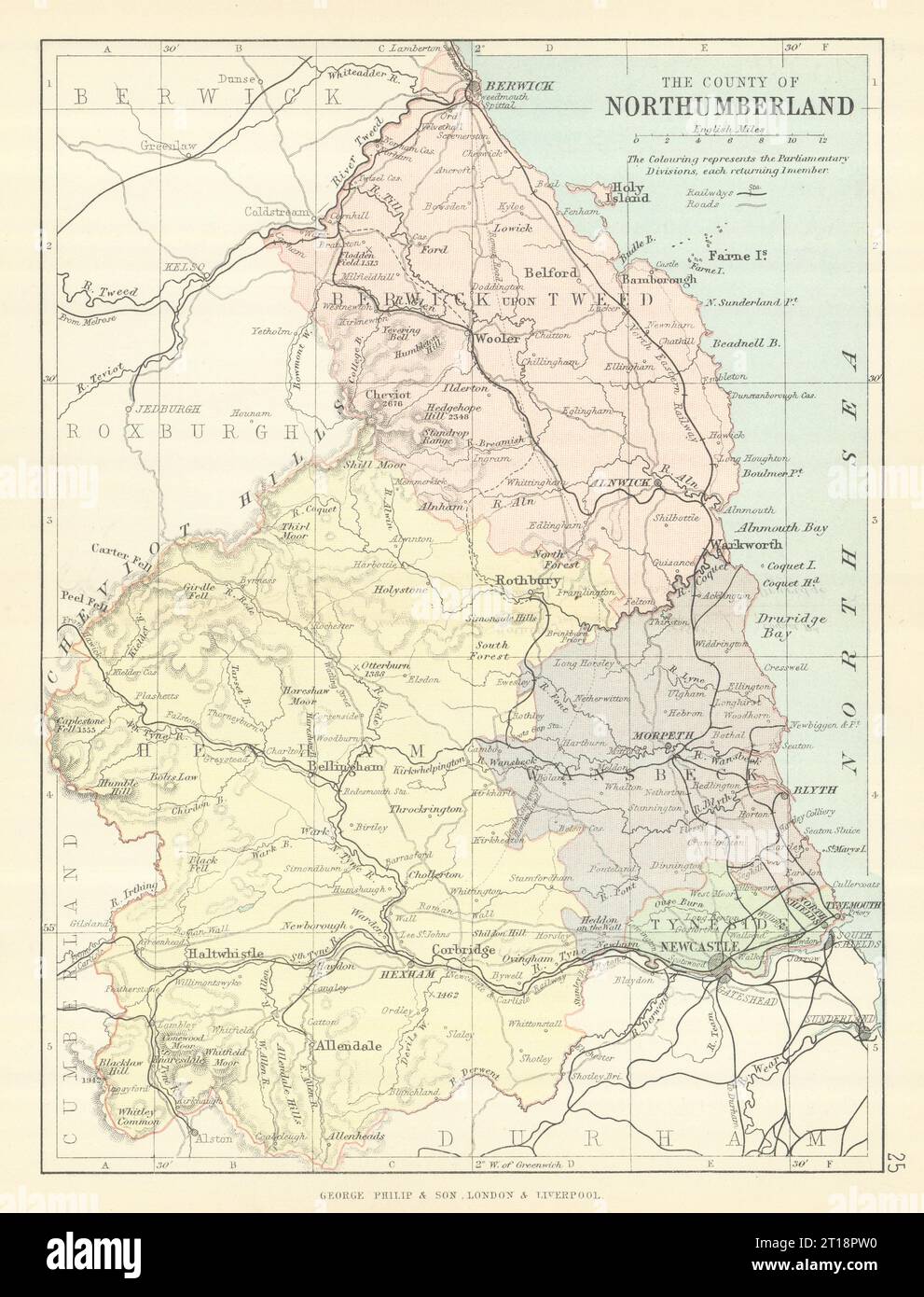 NORTHUMBERLAND. Antike Landkarte. Eisenbahnen. Wahlkreise. PHILIP 1889 Stockfoto