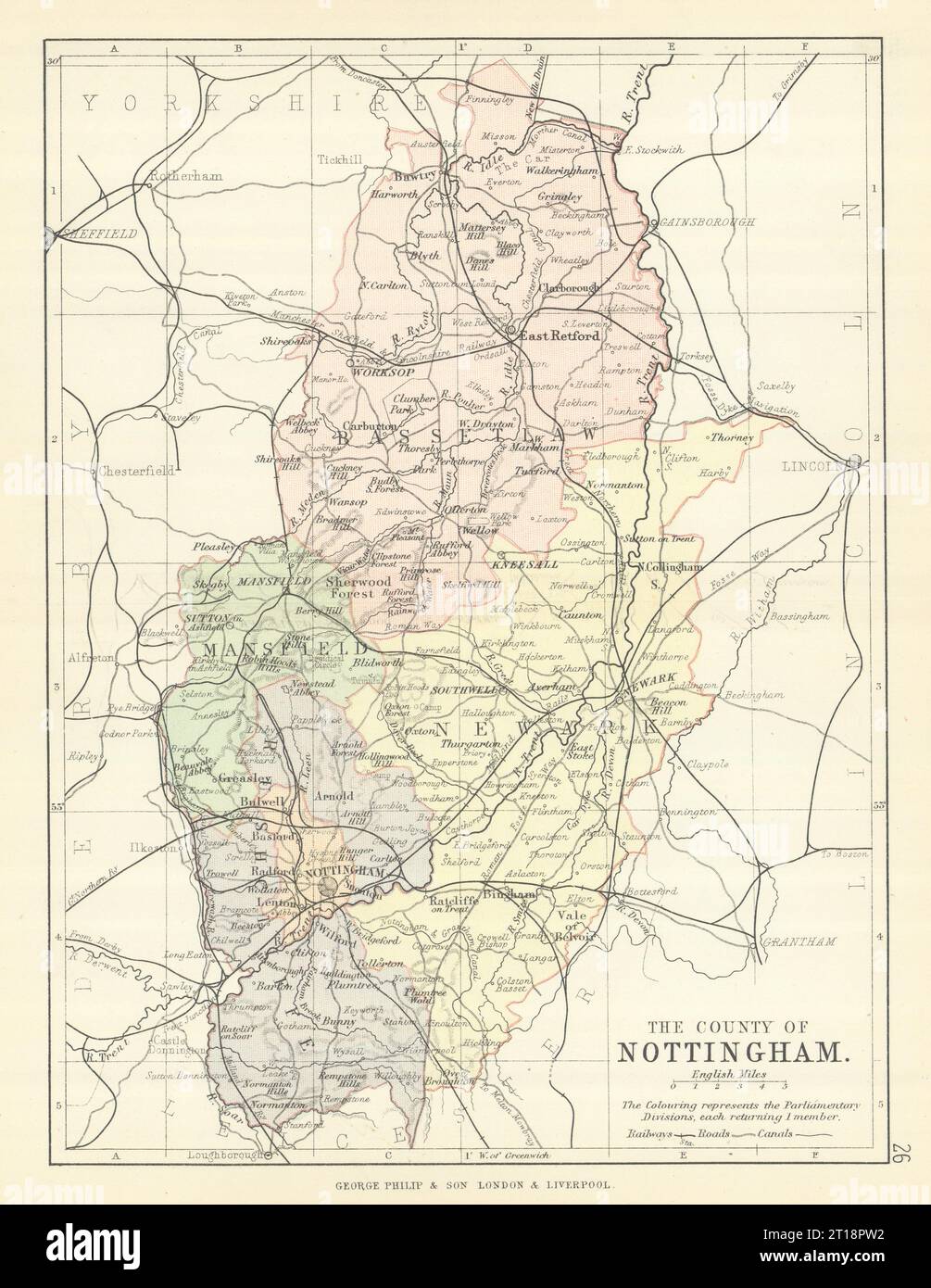 NOTTINGHAMSHIRE. Landkarte. Eisenbahnkanäle. Wahlkreise. PHILIP 1889 Stockfoto