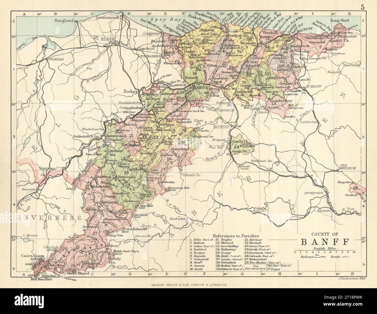 „County of Banff“. Banffshire. Gemeinden. BARTHOLOMEW 1886 alte antike Karte Stockfoto
