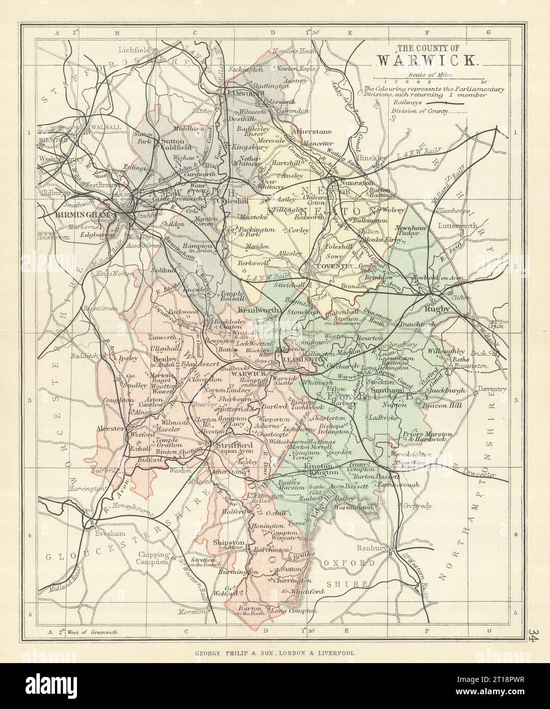 WARWICKSHIRE. Antike Landkarte. Eisenbahnen. Wahlkreise. PHILIP 1889 Stockfoto