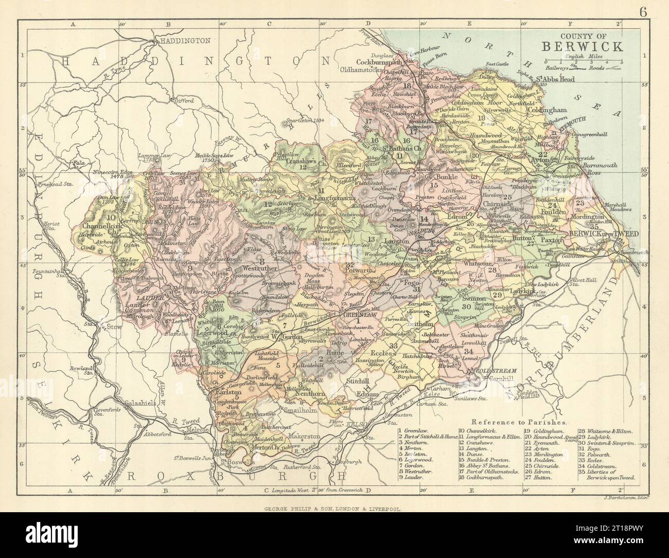 „County of Berwick“. Berwickshire. Gemeinden. BARTHOLOMEW 1886 alte antike Karte Stockfoto