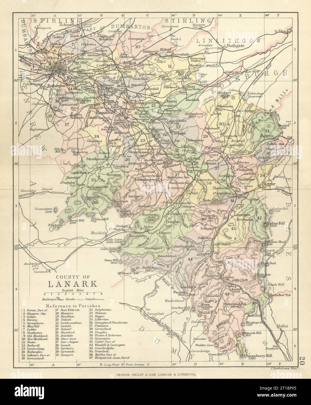 „County of Lanark“. Lanarkshire. Gemeinden. BARTHOLOMEW 1886 alte antike Karte Stockfoto