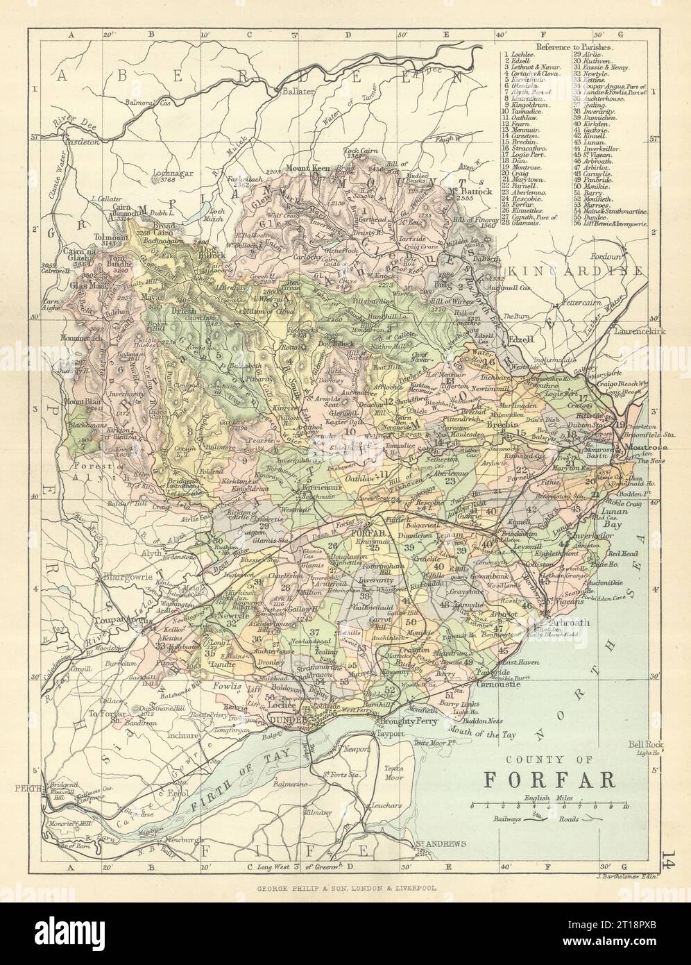 „County of Forfar“. Forfarshire. Gemeinden. BARTHOLOMEW 1886 alte antike Karte Stockfoto
