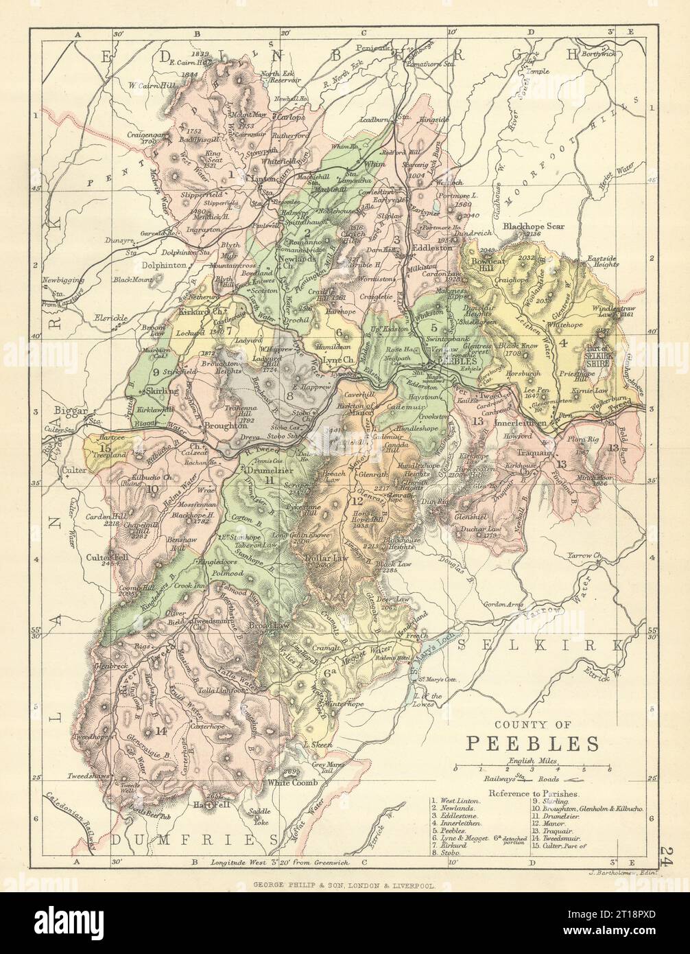 „County of Peebles“. Peeblesshire. Gemeinden. BARTHOLOMEW 1886 alte antike Karte Stockfoto