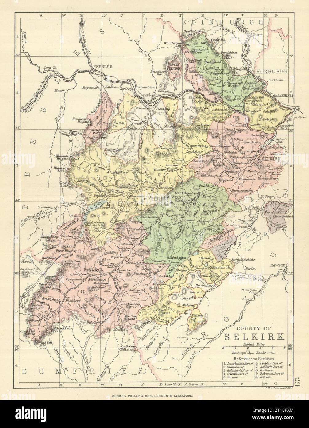 „Grafschaft Selkirk“. Selkirkshire. Gemeinden. BARTHOLOMEW 1886 alte antike Karte Stockfoto