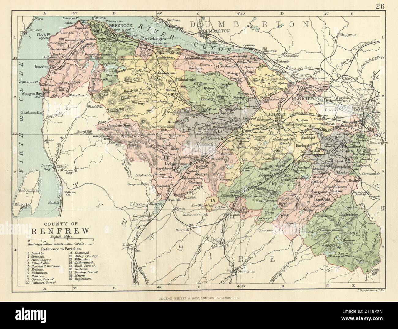 „County Renfrew“. Renfrewshire. Gemeinden. BARTHOLOMEW 1886 alte antike Karte Stockfoto